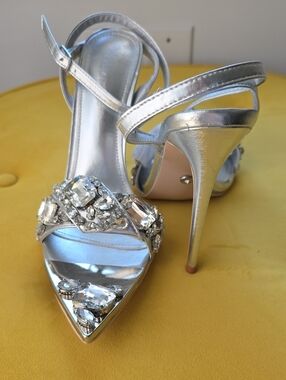 Silver Crystal-Embellished Pointed-Toe Stiletto Heels